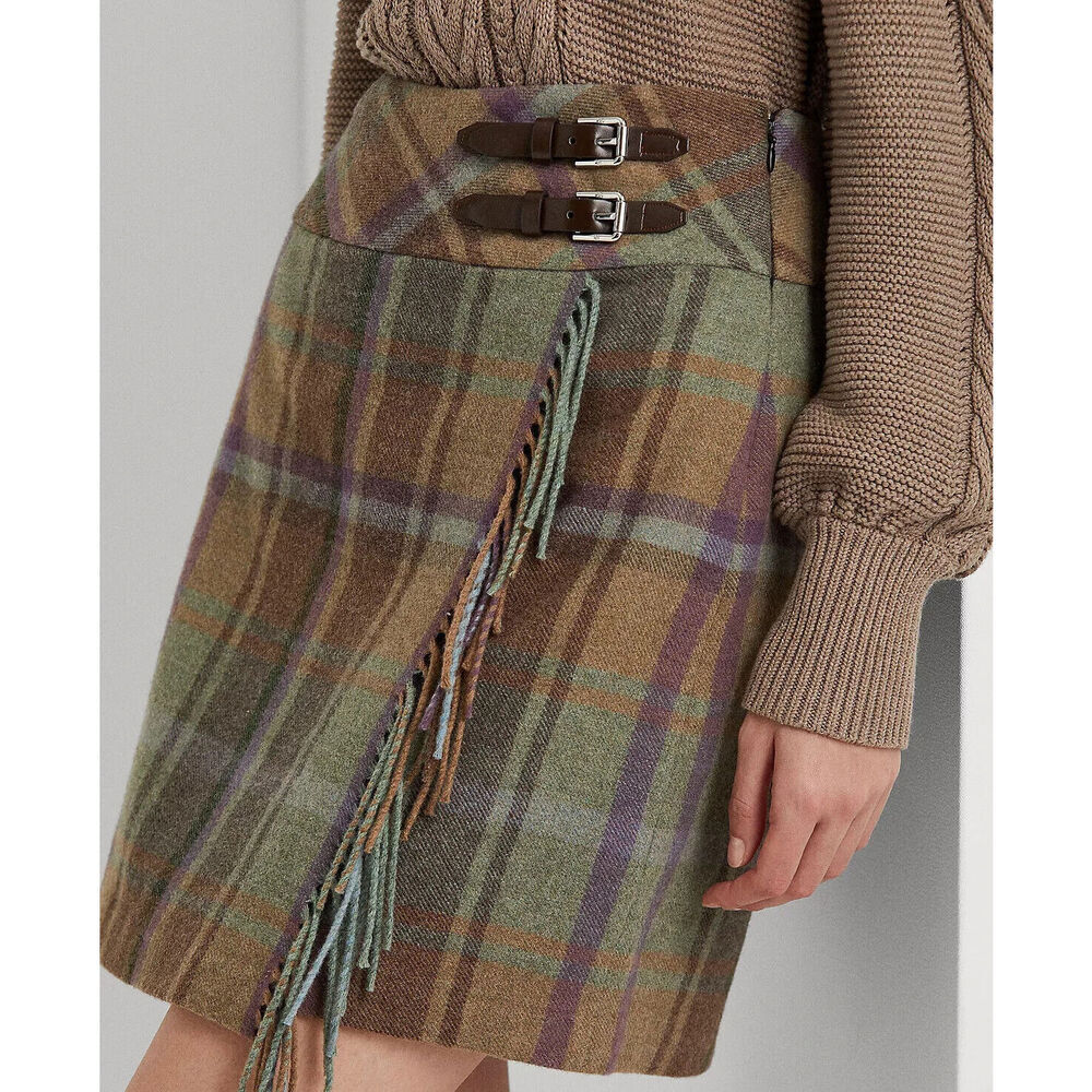 NEW! Lauren Ralph Lauren Women's 12 Plaid Fringe-Trim Tweed Mini Skirt NWT $225 - Picture 4 of 5